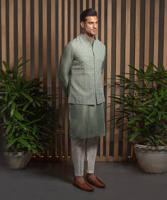 Sage green Organza Embroidered Jacket Set 1