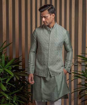 Sage green Organza Embroidered Jacket Set 2