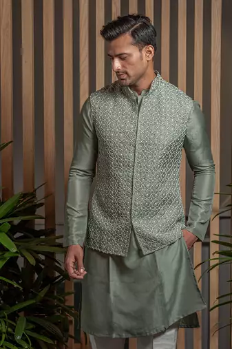 Sage green Organza Embroidered Jacket Set