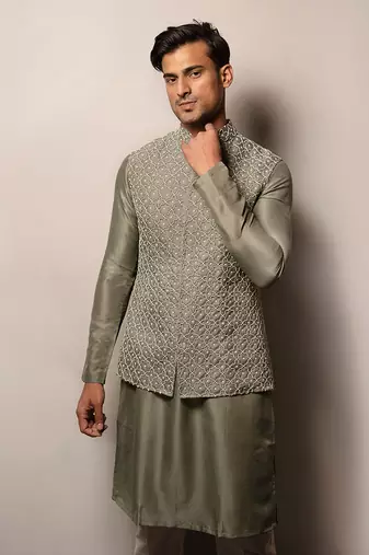 Sage green Organza Embroidered Jacket Set