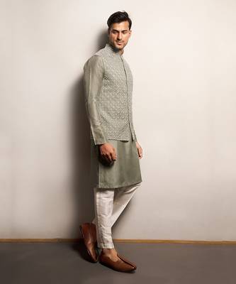 Sage green Organza Embroidered Jacket Set 7