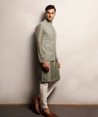 Sage green Organza Embroidered Jacket Set 8