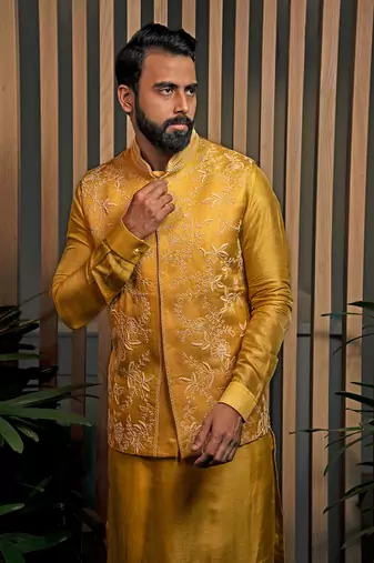 Yellow Embroidered Bandi With Kurta Set