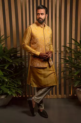 Yellow Embroidered Bandi With Kurta Set