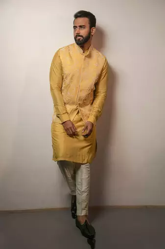 Yellow Embroidered Bandi With Kurta Set