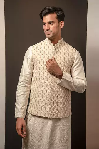 Ivory Raw Silk Embroidered Bandi Set