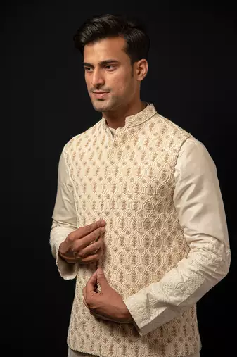 Ivory Raw Silk Embroidered Bandi Set