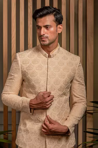 Beige Hand Embroidered Bandhagala Set