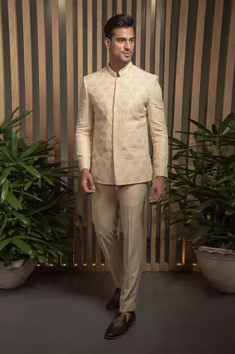 Beige Hand Embroidered Bandhagala Set