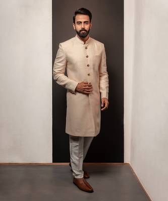 Beige Textured Long Bandhagala Set 1