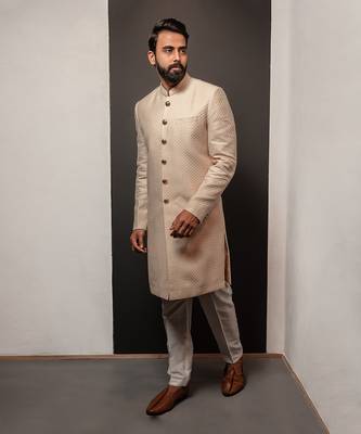 Beige Textured Long Bandhagala Set 2