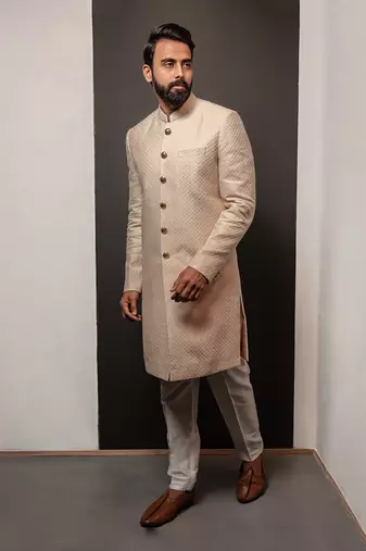 Beige Textured Long Bandhagala Set