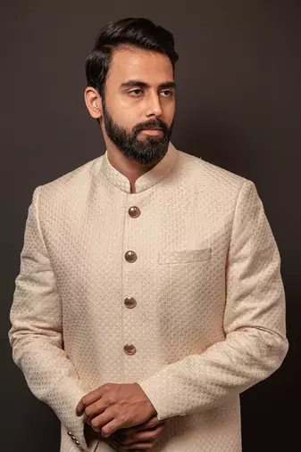 Beige Textured Long Bandhagala Set