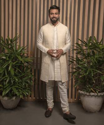 Ivory Embroidered Long Jacket With Kurta Set 1
