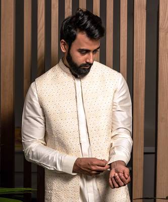 Ivory Embroidered Long Jacket With Kurta Set 2