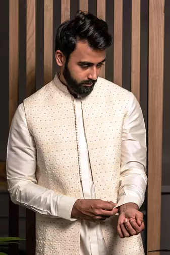 Ivory Embroidered Long Jacket With Kurta Set