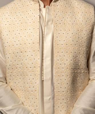 Ivory Embroidered Long Jacket With Kurta Set 3