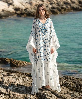 White Mulmul Cracker Printed Kaftan 1