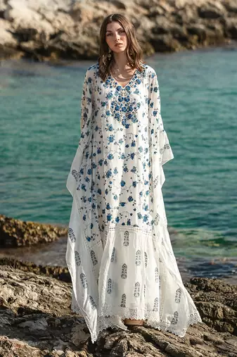 White Mulmul Cracker Printed Kaftan