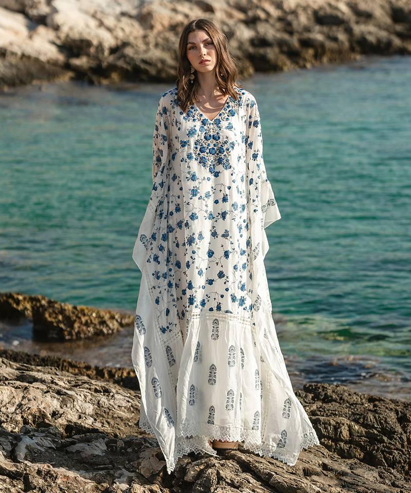 White Mulmul Cracker Printed Kaftan