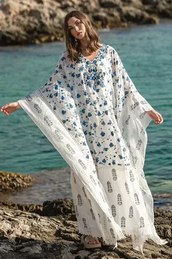 White Mulmul Cracker Printed Kaftan