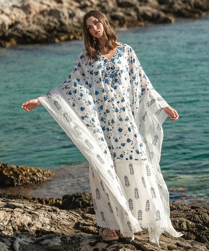 White Mulmul Cracker Printed Kaftan