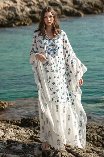 White Mulmul Cracker Printed Kaftan