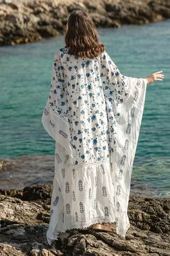 White Mulmul Cracker Printed Kaftan