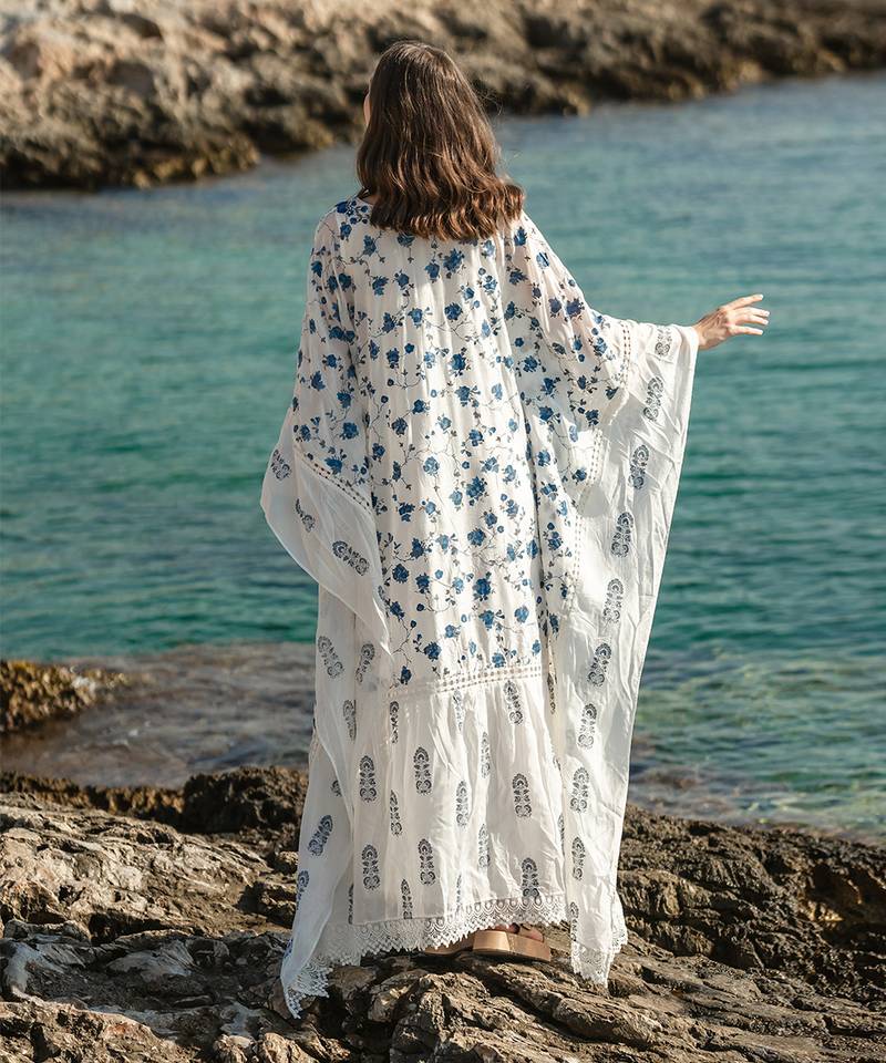 White Mulmul Cracker Printed Kaftan