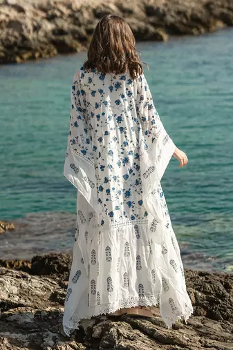 White Mulmul Cracker Printed Kaftan