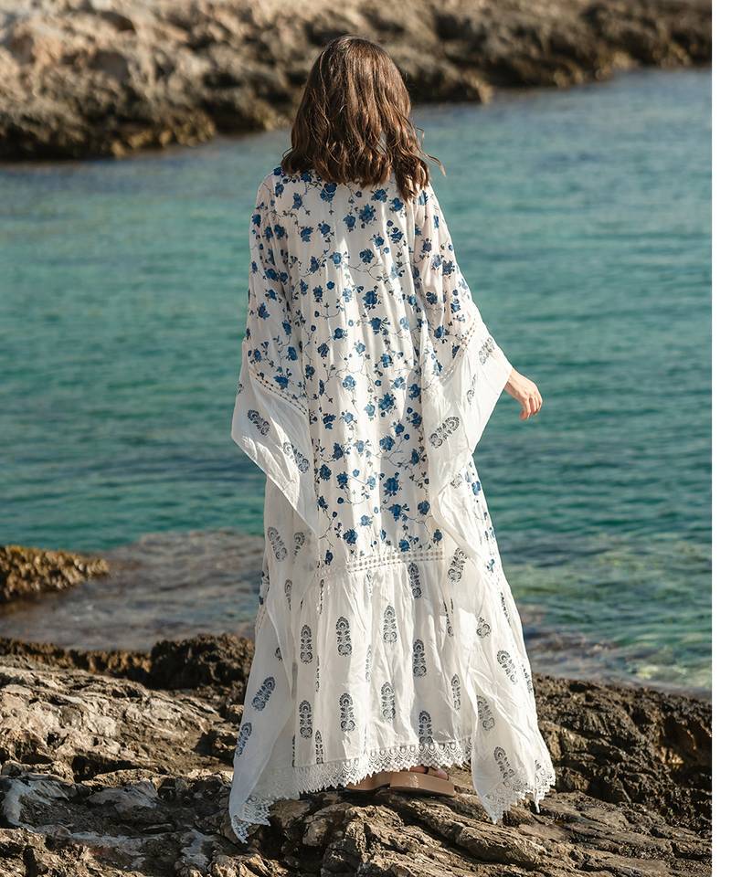 White Mulmul Cracker Printed Kaftan