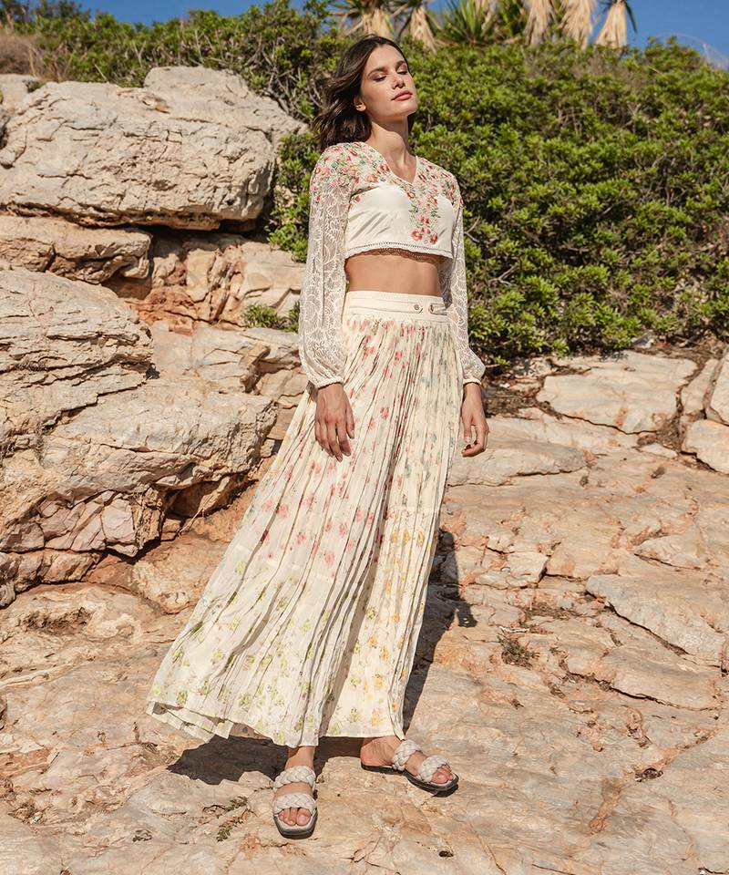 Beige Crepe Skirt Set