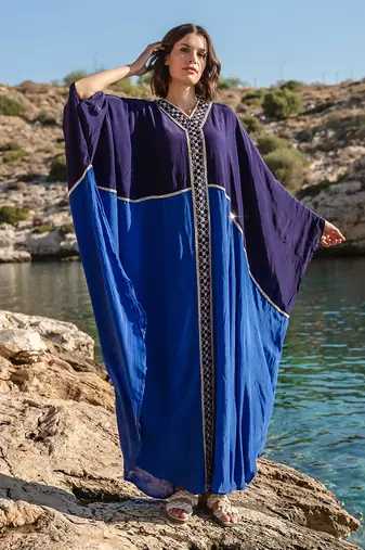 Blue Embroidered Colour Blocked Kaftan
