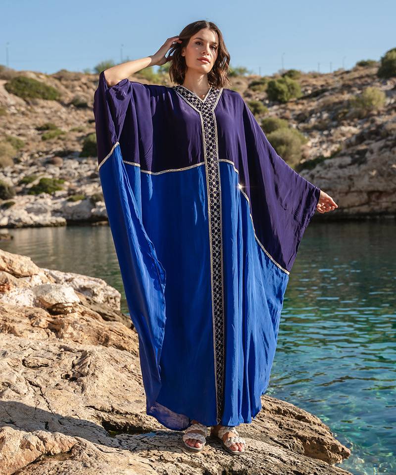 Blue Embroidered Colour Blocked Kaftan