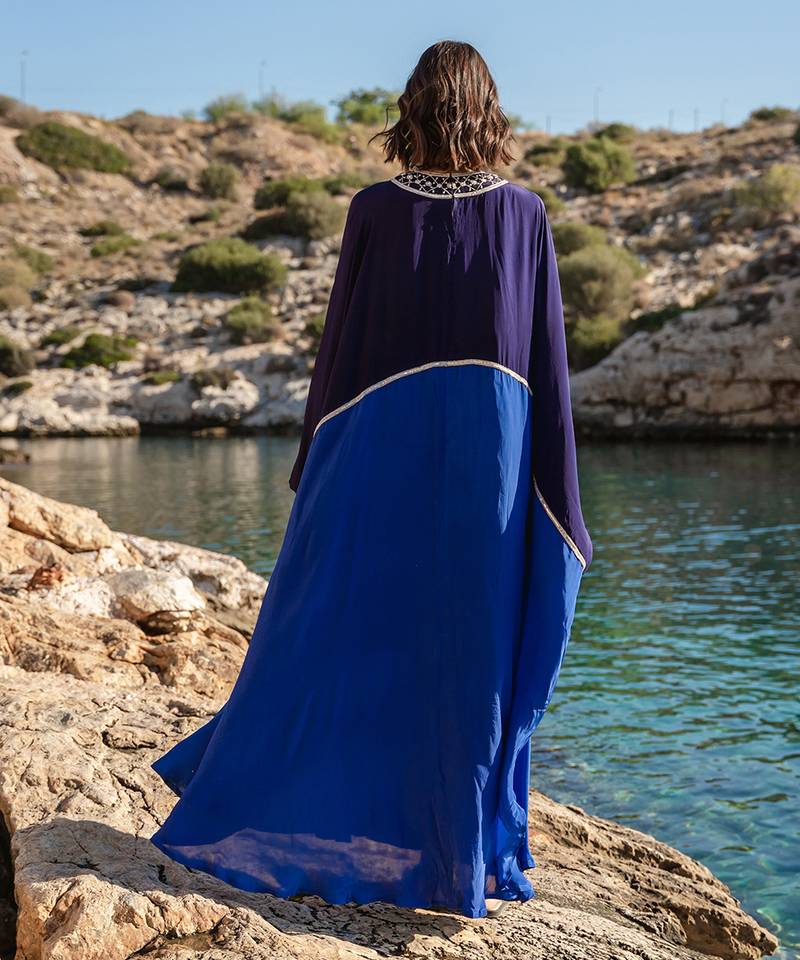 Blue Embroidered Colour Blocked Kaftan