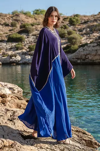 Blue Embroidered Colour Blocked Kaftan