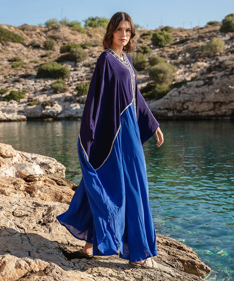 Blue Embroidered Colour Blocked Kaftan