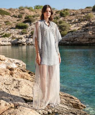 Blue Organza Ombre Dyed Embroidered Kaftan 1