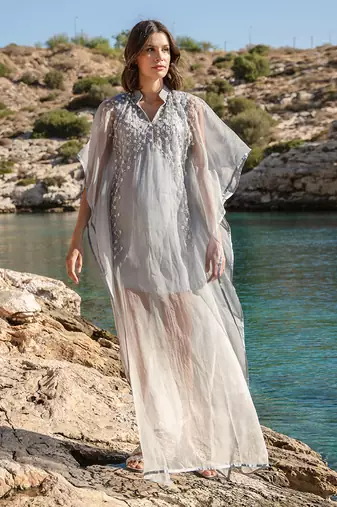 Blue Organza Ombre Dyed Embroidered Kaftan