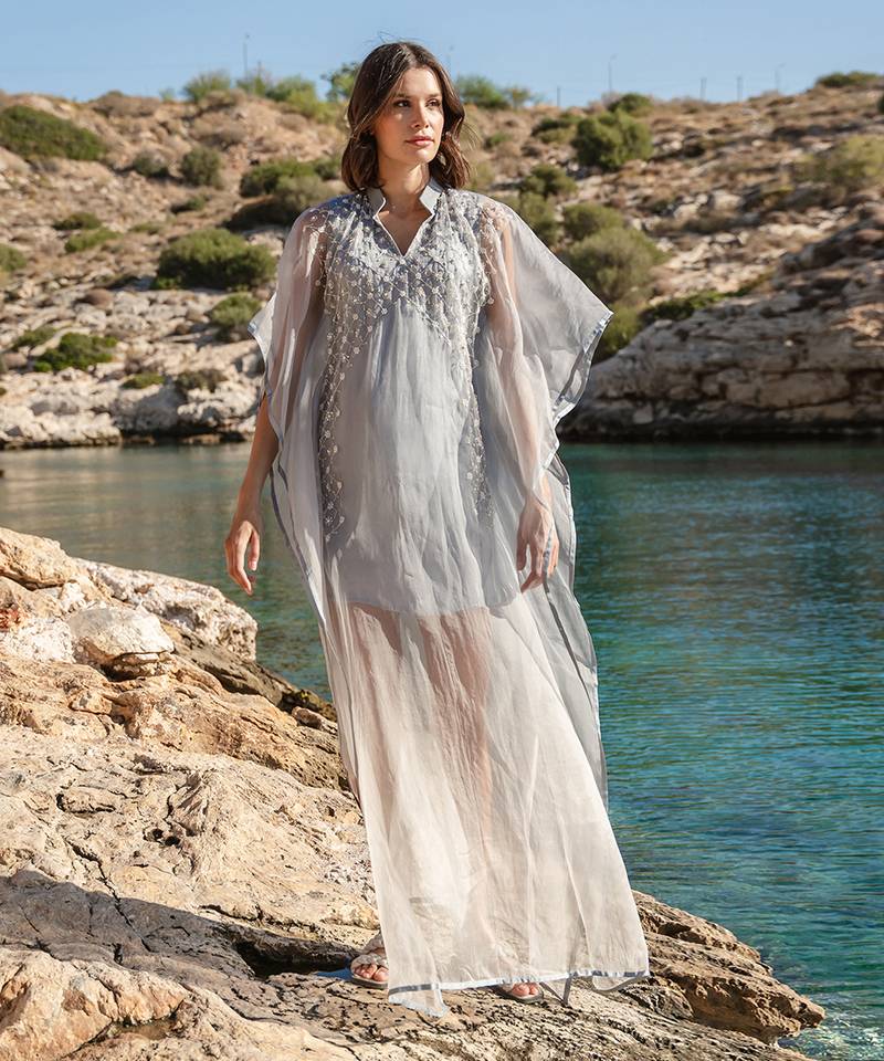 Blue Organza Ombre Dyed Embroidered Kaftan