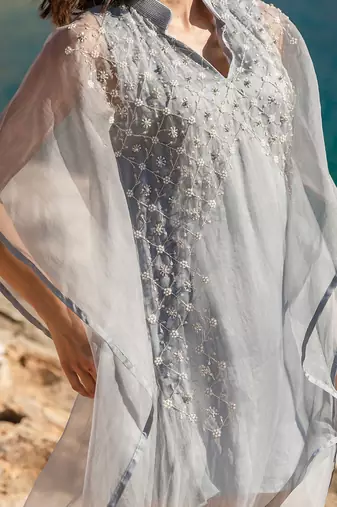 Blue Organza Ombre Dyed Embroidered Kaftan