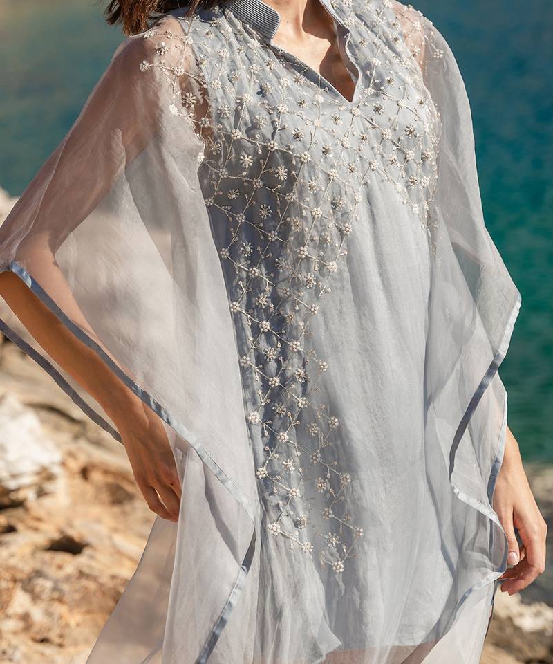 Blue Organza Ombre Dyed Embroidered Kaftan