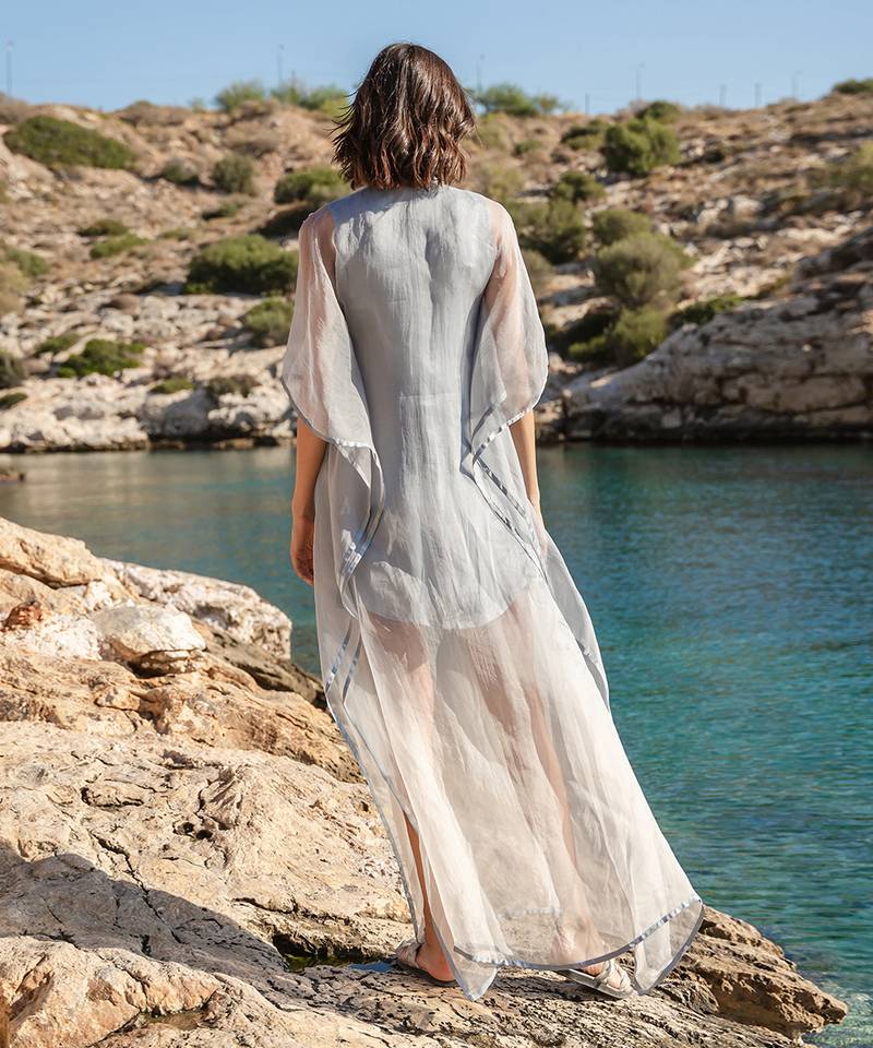 Blue Organza Ombre Dyed Embroidered Kaftan