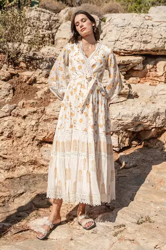 White Cracker Printed Overlapping Dress