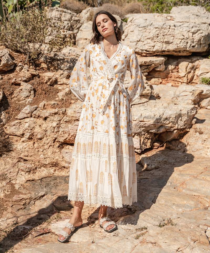 White Cracker Printed Overlapping Dress