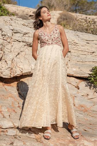 Beige Organza  Printed Maxi Dress