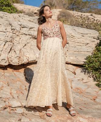Beige Organza  Printed Maxi Dress 1