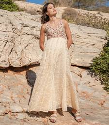 Beige Organza  Printed Maxi Dress