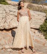 Beige Organza  Printed Maxi Dress