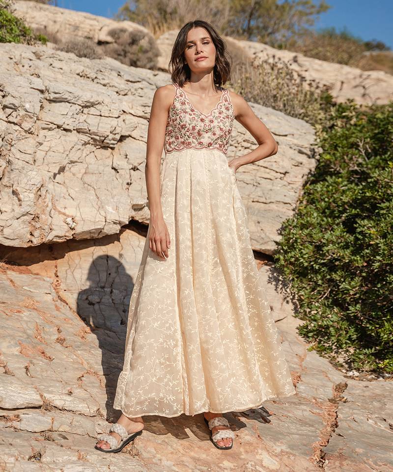 Beige Organza  Printed Maxi Dress